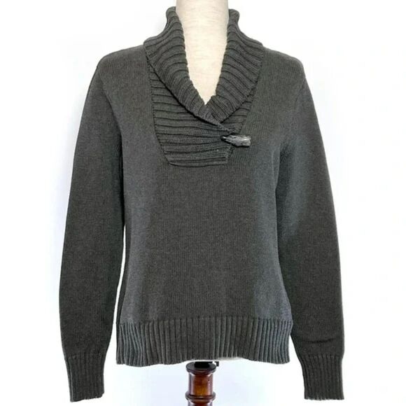 Lauren Ralph Lauren Sweaters - Lauren Ralph Lauren Womens Sweater Sz LG Dk Gray Ribbed Shawl Collar Button